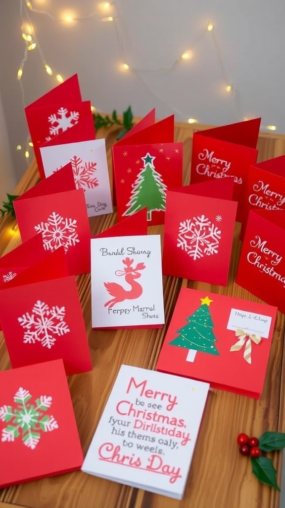 A variety of handmade red Christmas cards with festive designs on a wooden table.